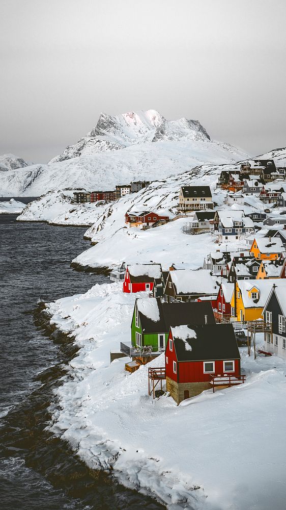 Village on the snowy coast in Nuuk, Greenland