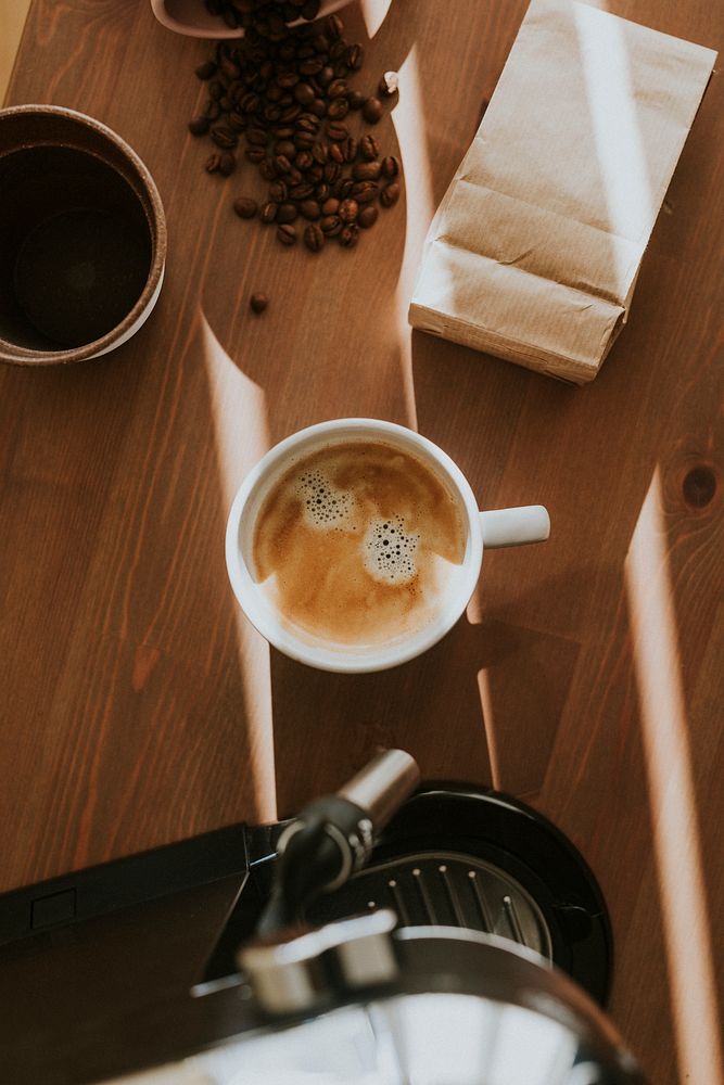 Aerial view of fresh coffee in a cup