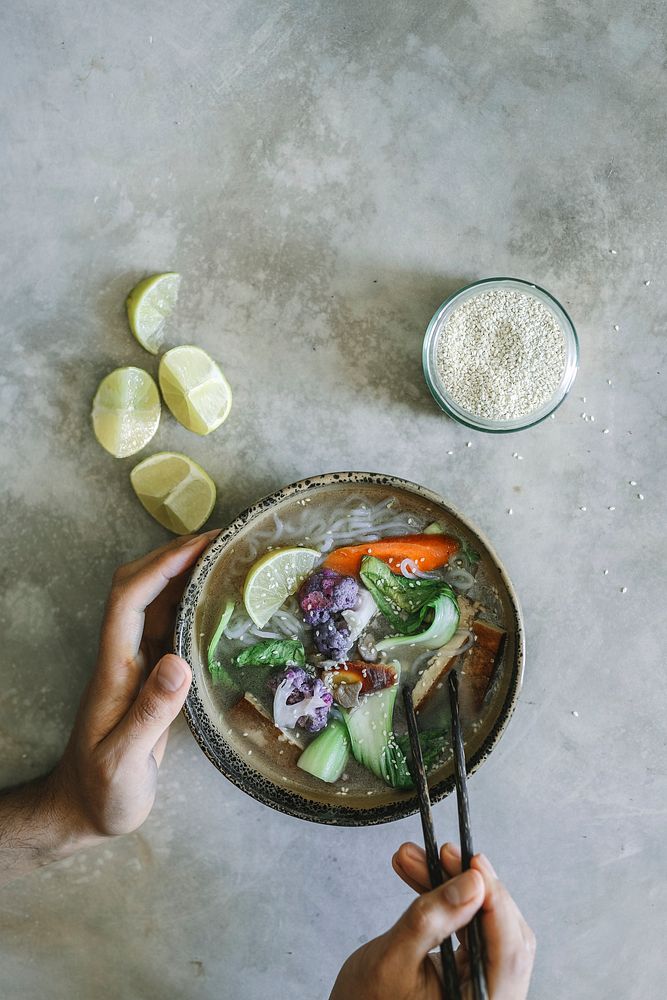 Vegan noodle soup with tofu food photography recipe idea