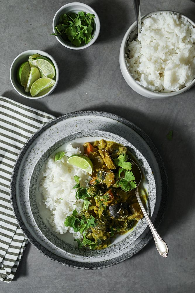 Plated vegetable curry with rice
