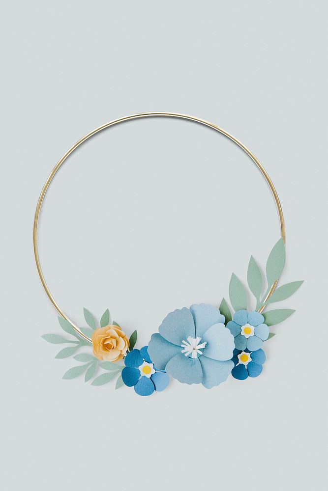 Round gold frame with paper craft flowers mockup