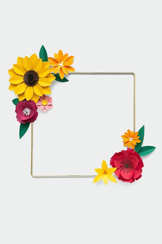 Square gold frame with flower paper craft mockup