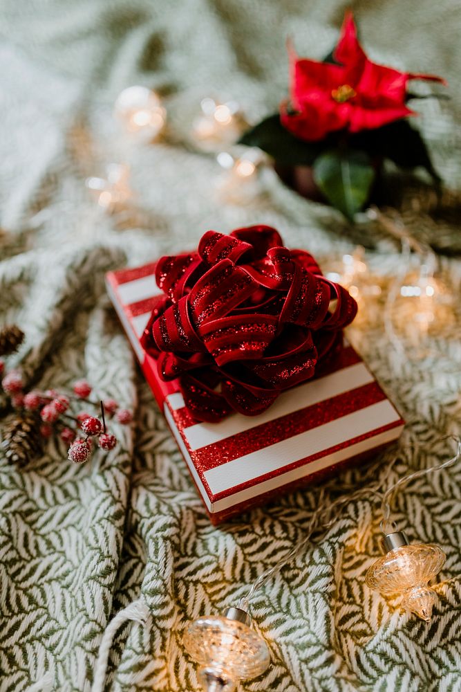 Christmas themed gift box with a poinsettia
