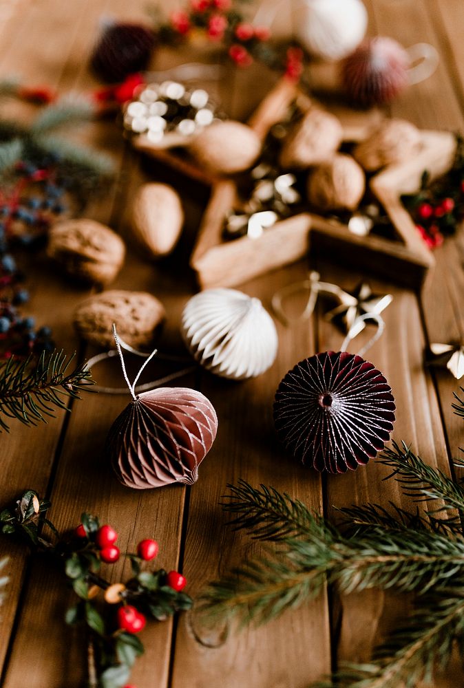 Christmas ornaments on a wooden floor