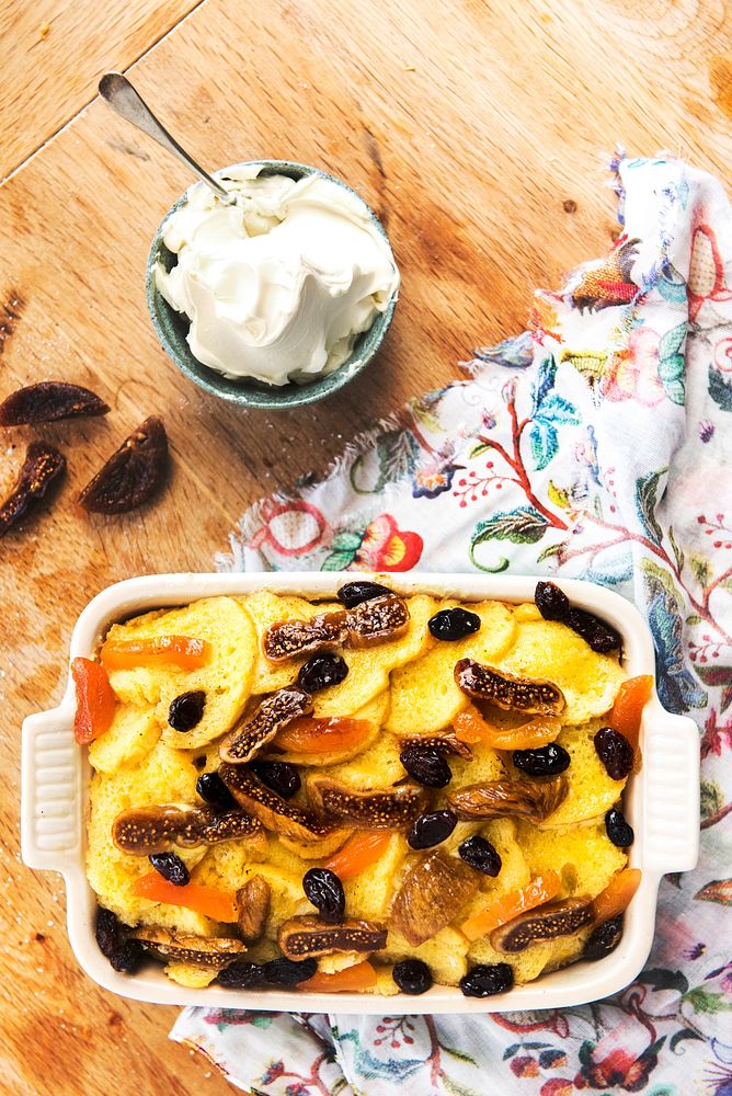 Fruit cake with whipped cream food photography
