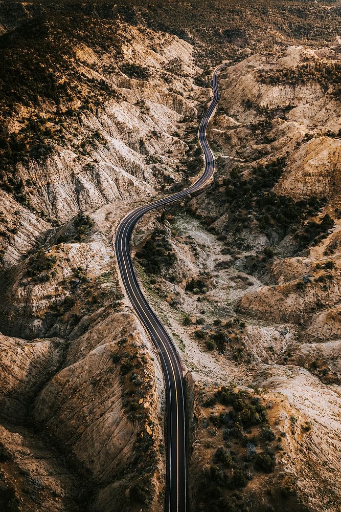 Drone shot of a scenic route in Utah