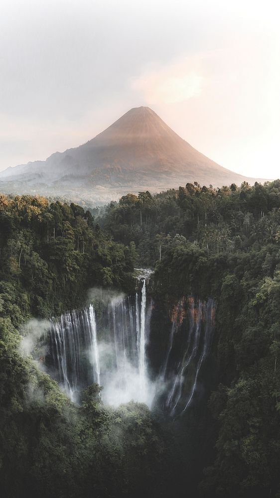 View of Mount Bromo and Tumpak Sewu Waterfalls, Indonesia mobile phone wallpaper