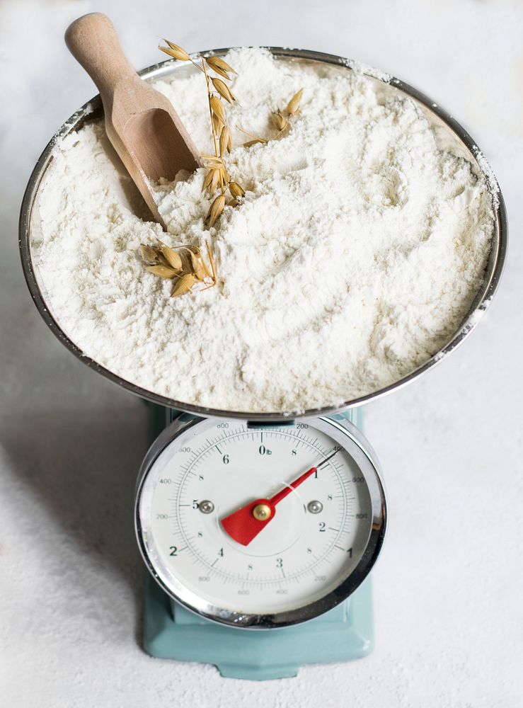 All-purpose flour in a bowl on a scale