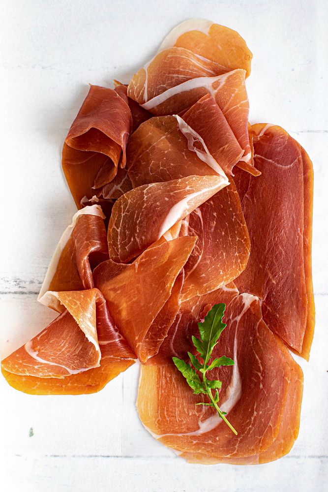 Italian prosciutto crudo or parma ham flatlay