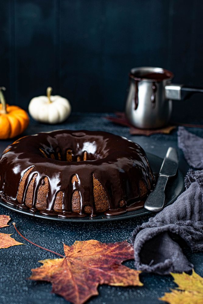 Chocolate covered pumpkin bundt cake