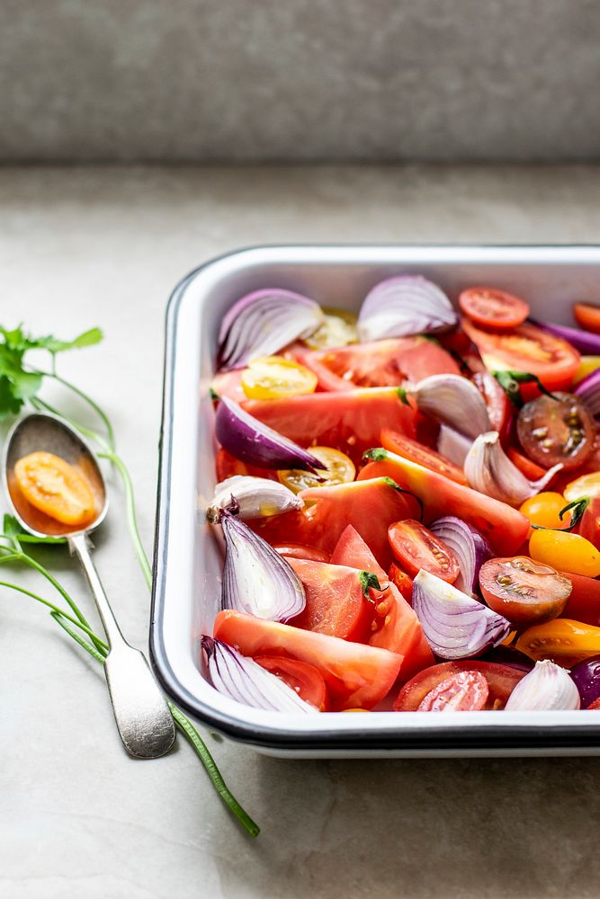Fresh Tomatoes and Onions on a Kitchen Counter