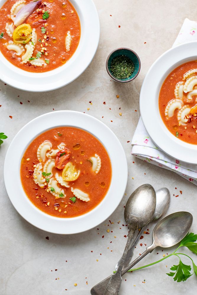 Freshly cooked tomato soup in bowls