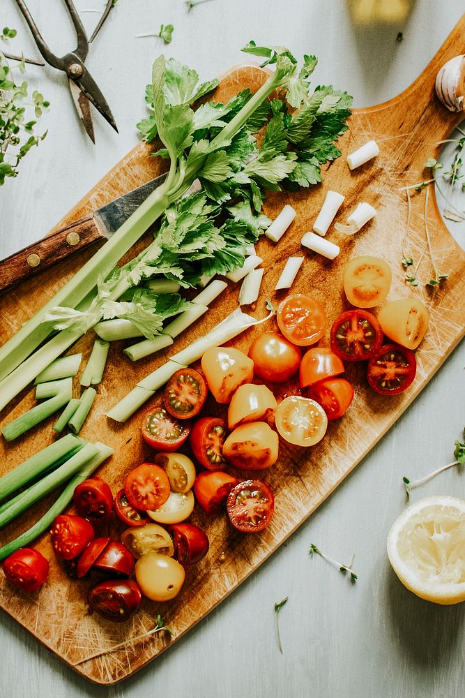 Sliced veggies on a cutting board