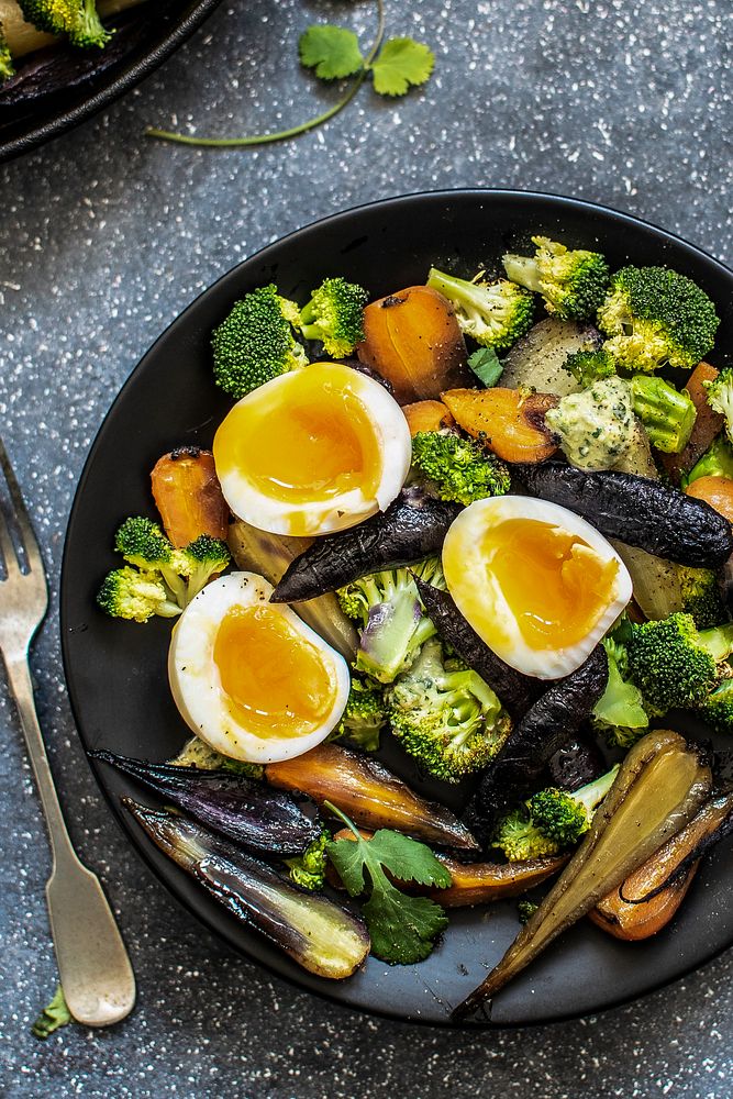 Freshly cooked veggies with boiled eggs