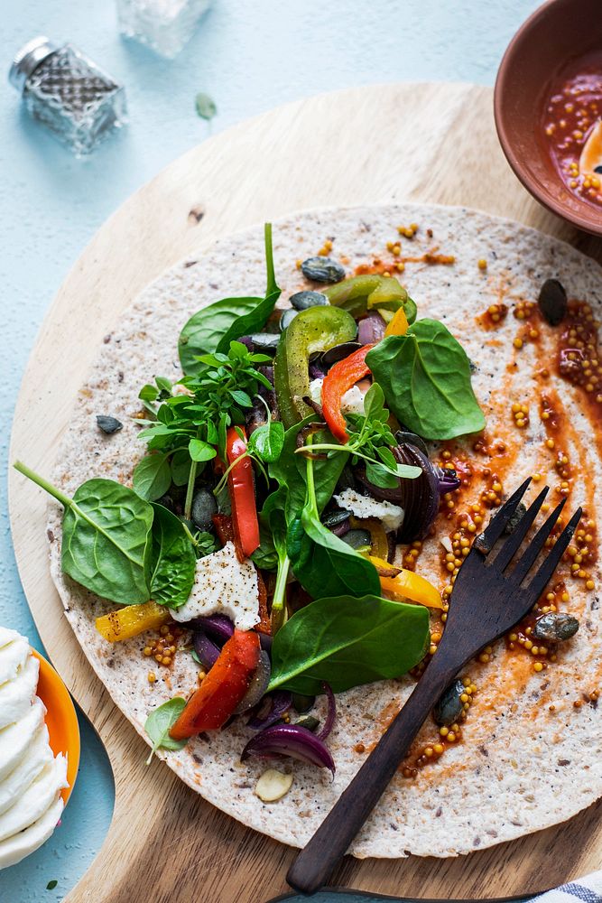 Tortilla wraps with roasted vegetable and mozzarella cheese food photography