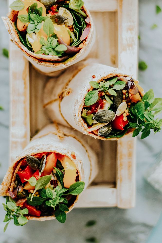 Tortilla wraps with roasted vegetables and mozzarella cheese food photography