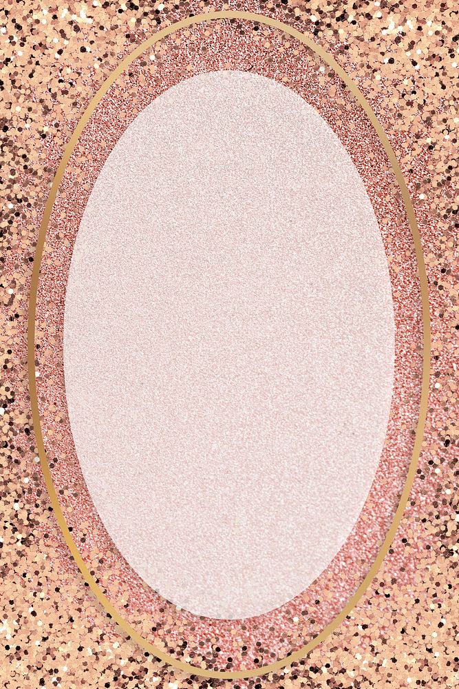 Gold shimmering oval frame design element  on a pink background