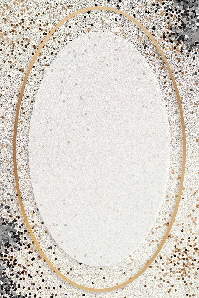 Gold shimmering oval frame design element on a beige background