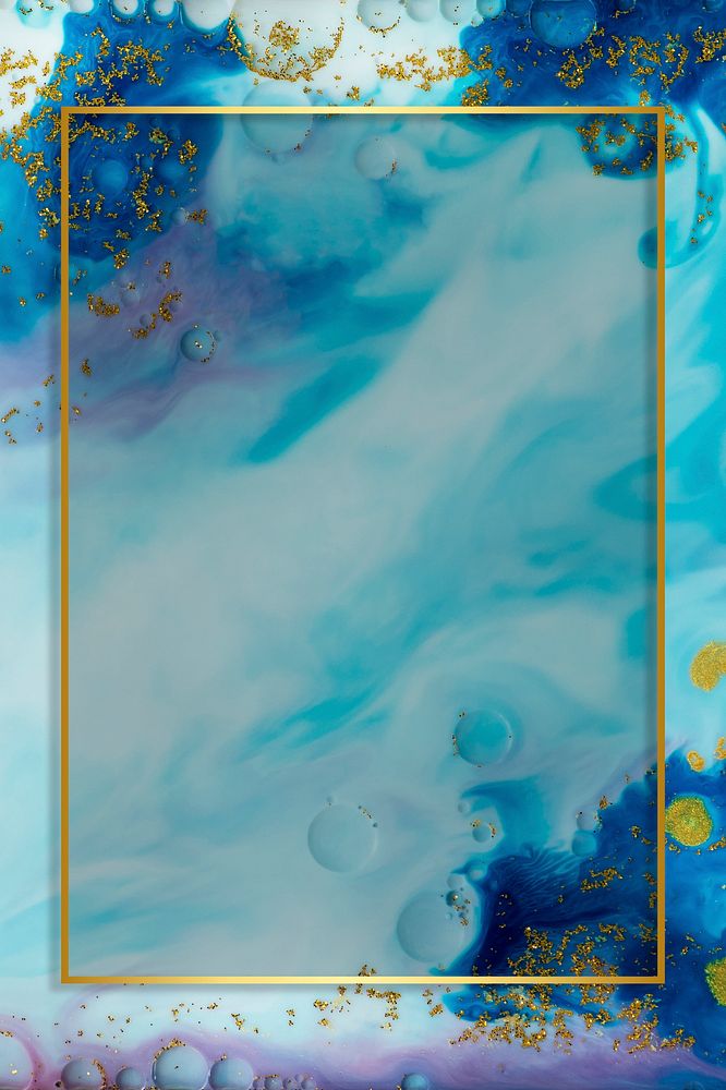 Rectangle gold frame on abstract blue watercolor mockup