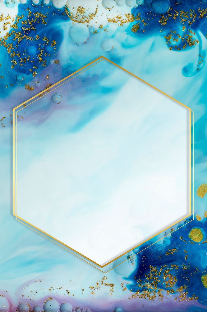 Hexagon gold frame on abstract blue watercolor mockup