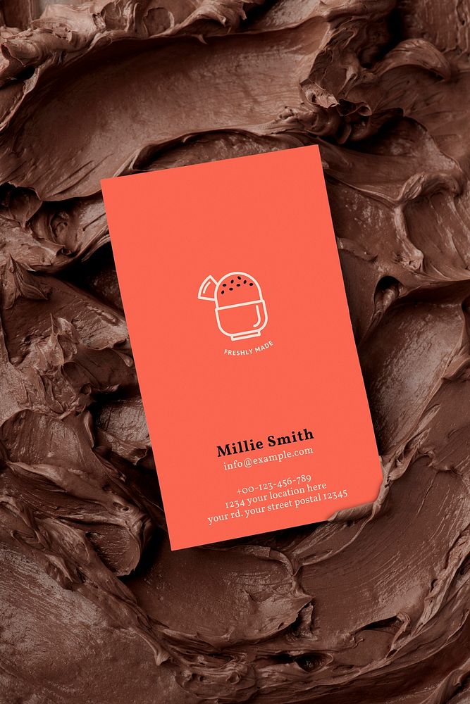 Dessert business card mockup psd on brown frosting texture