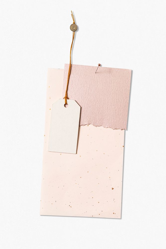 Blank pink papers, label tag pinned on white background