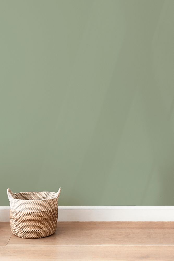 Green psd wall mockup with rattan basket