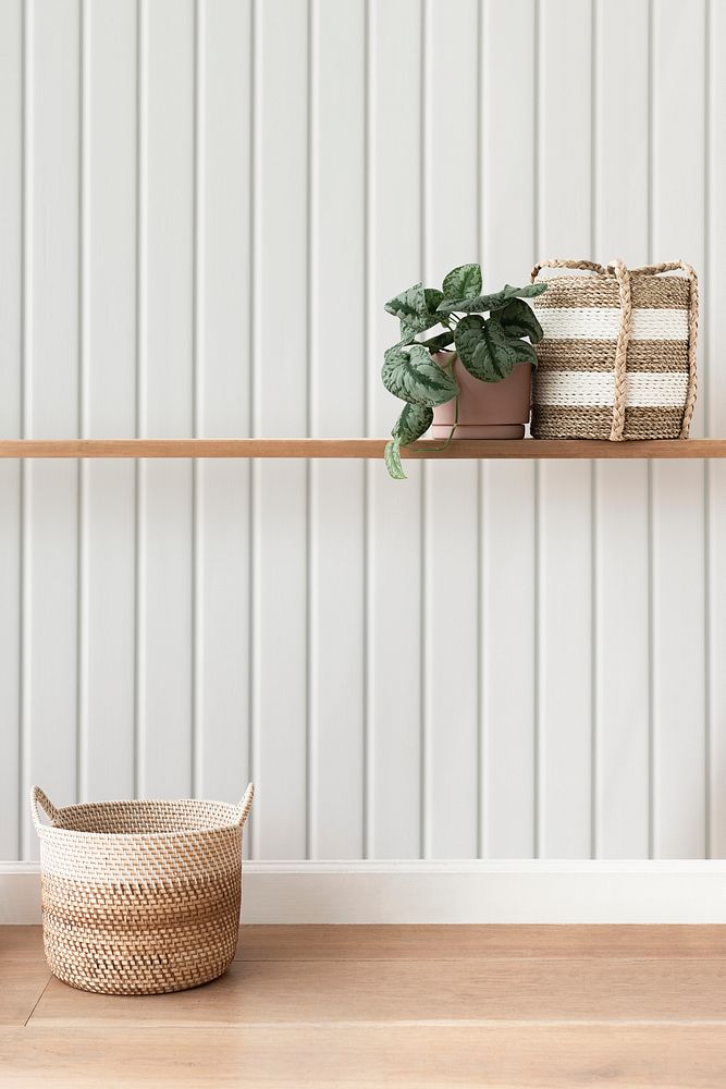 Scandinavian interior home psd mockup with rattan basket and white wall