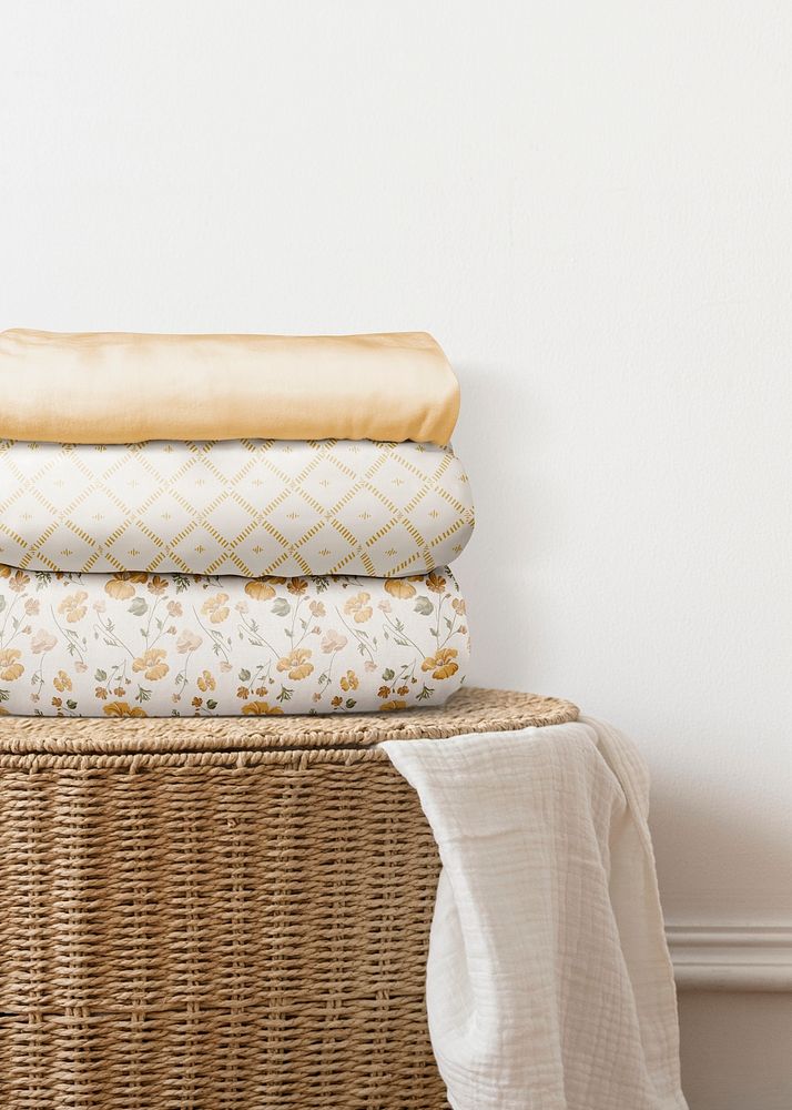 Bed sheets mockup psd on a laundry basket