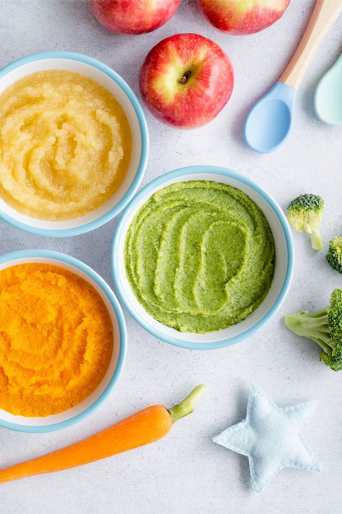 Healthy baby food vegetable puree organic recipe in bowls