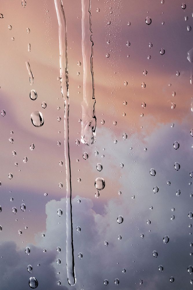 Rainy window background, water effect psd add-on, pastel sky