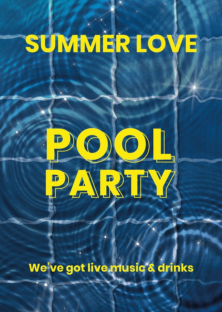 Pool party poster template, psd water background, summer love text