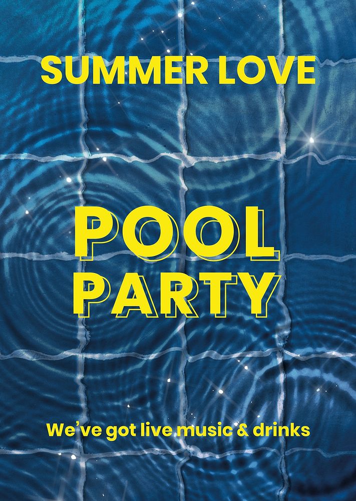 Pool party poster template, vector water background, summer love text