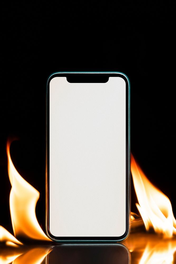 Smartphone screen mockup, psd blank design space with burning flame effect