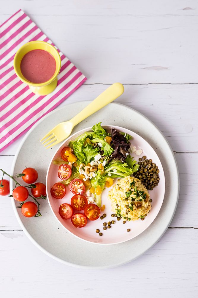 Vegan lunch for kids, pumpkin risotto with lentils