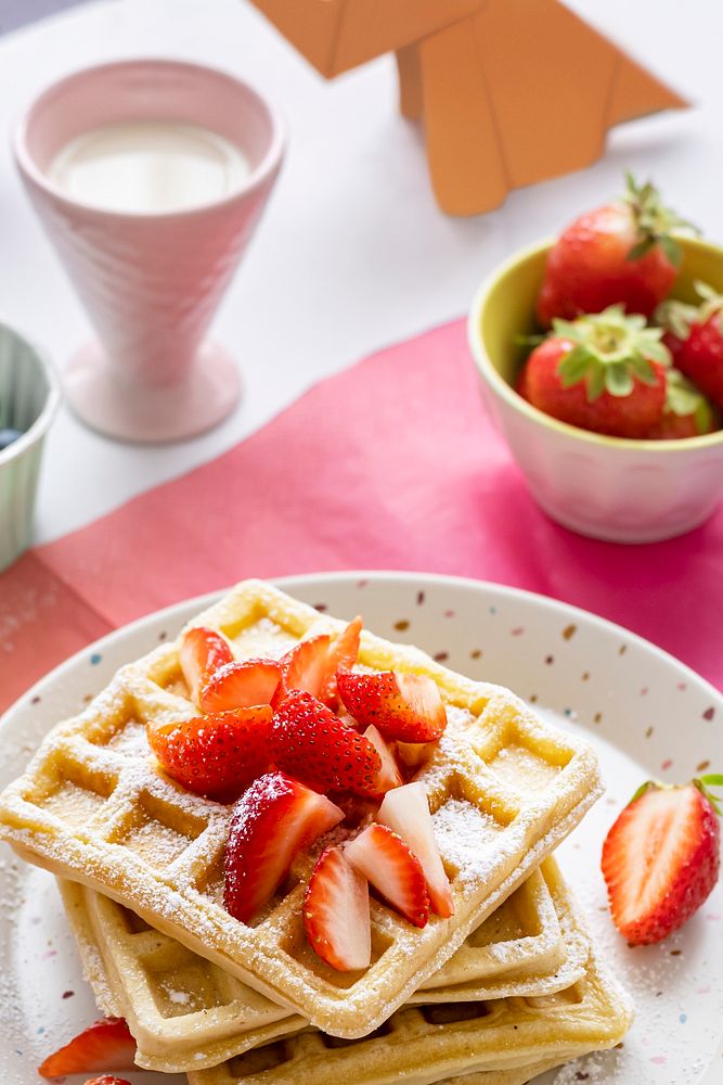 Homemade strawberry waffle breakfast, for kids