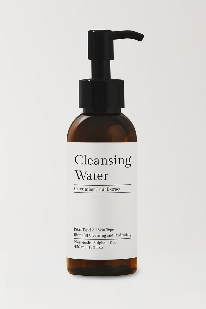 Cleansing water, pump bottle, brown product packaging design