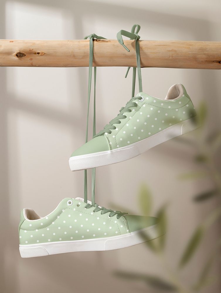 Canvas sneakers mockup, streetwear fashion in green polka dot design psd