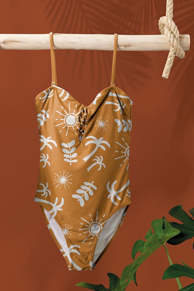 Swimsuit mockup, tropical patterned swimwear, women&rsquo;s summer fashion psd