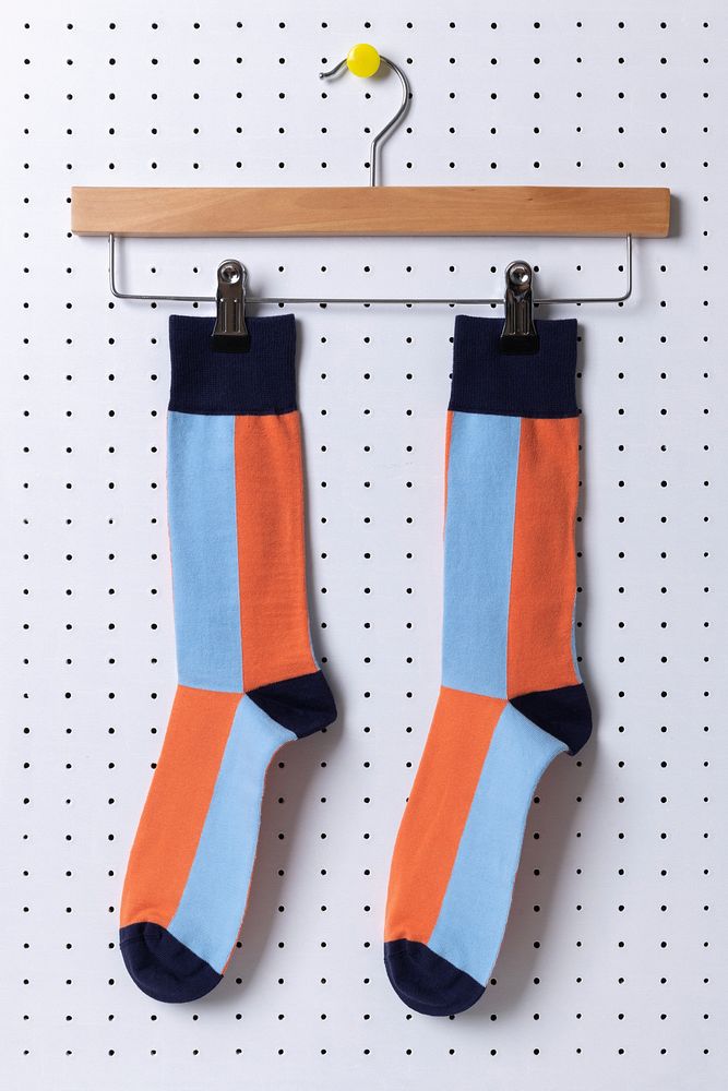 Blue socks mockup, striped patterned, realistic design psd