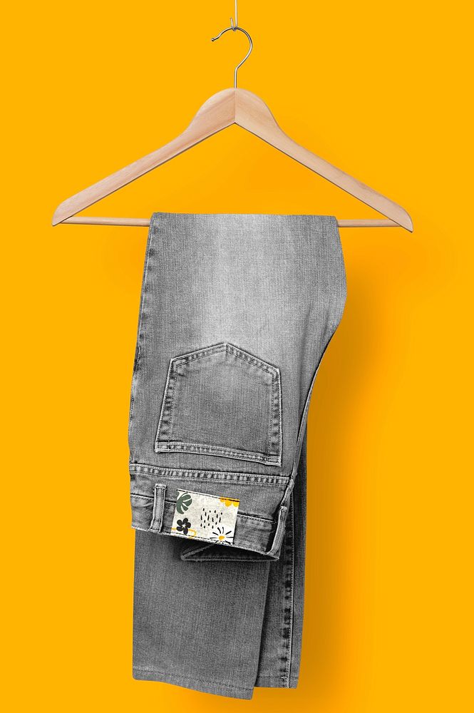 Floral jeans label mockup, casual fashion branding psd