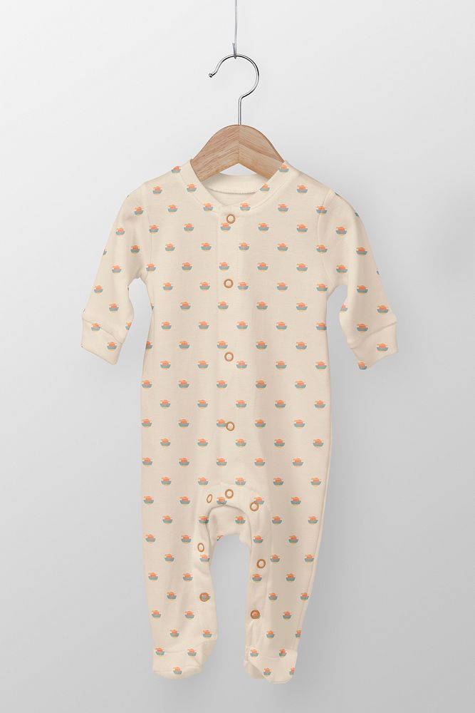 Baby pajamas mockup, kids apparel in beige cute patterned design psd
