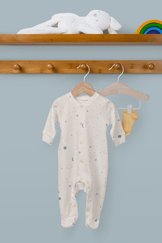 Baby pajamas mockup, kids apparel in white cute patterned design psd