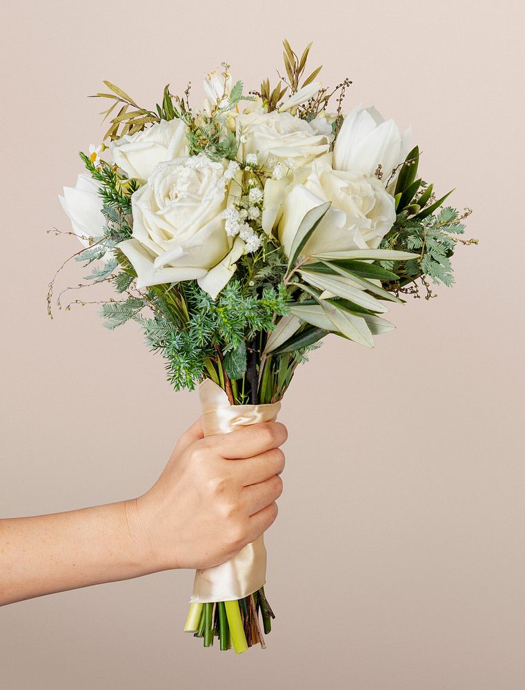 White bridal flower bouquet, held by hand, collage element psd