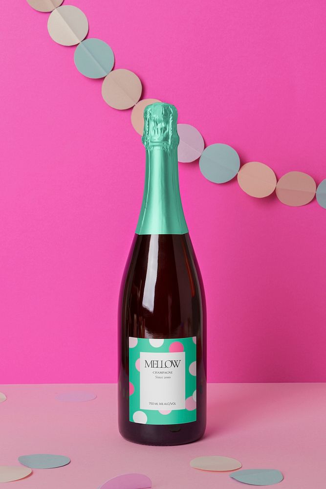 Champagne bottle mockup, alcoholic beverage product packaging psd