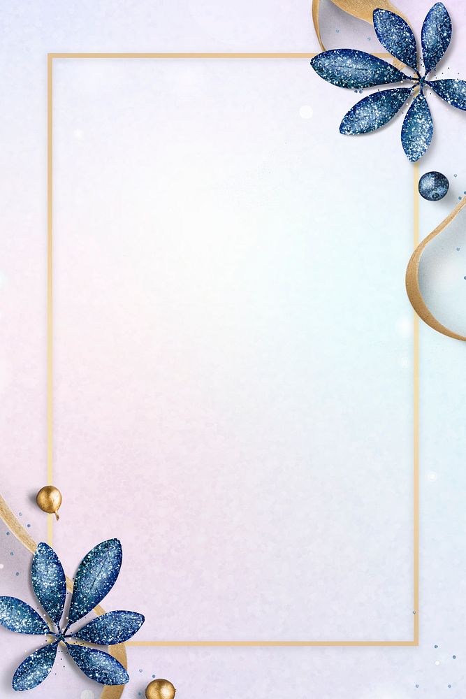 Glittery blue leaves with golden rectangle frame