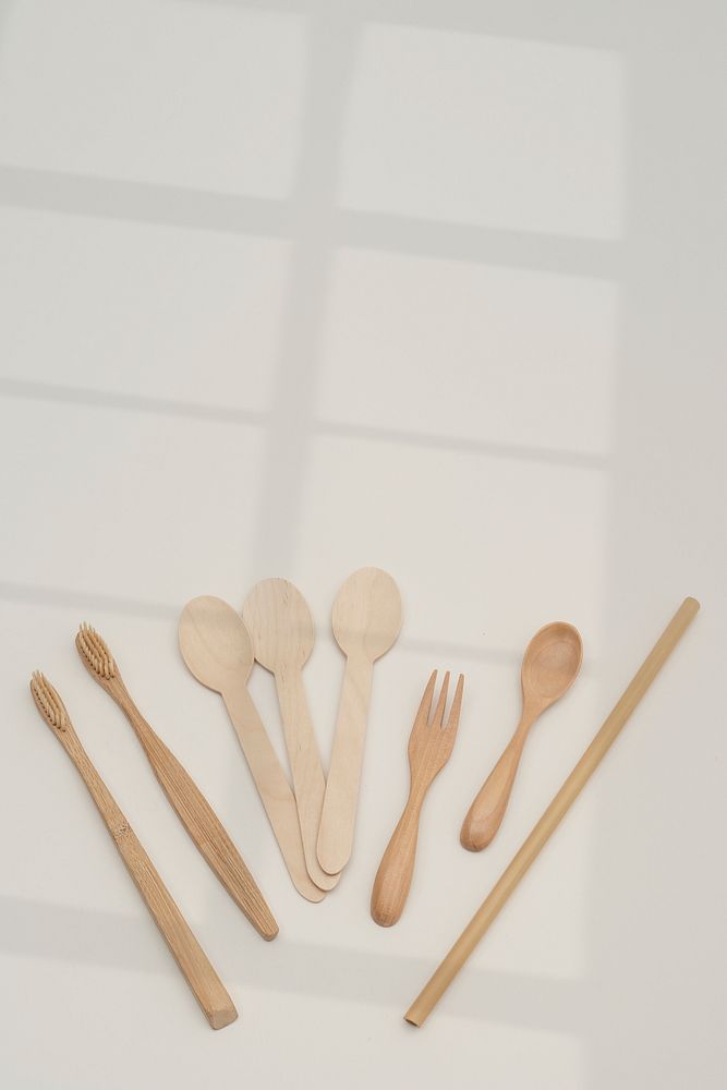 Brown wooden utensils objects set  