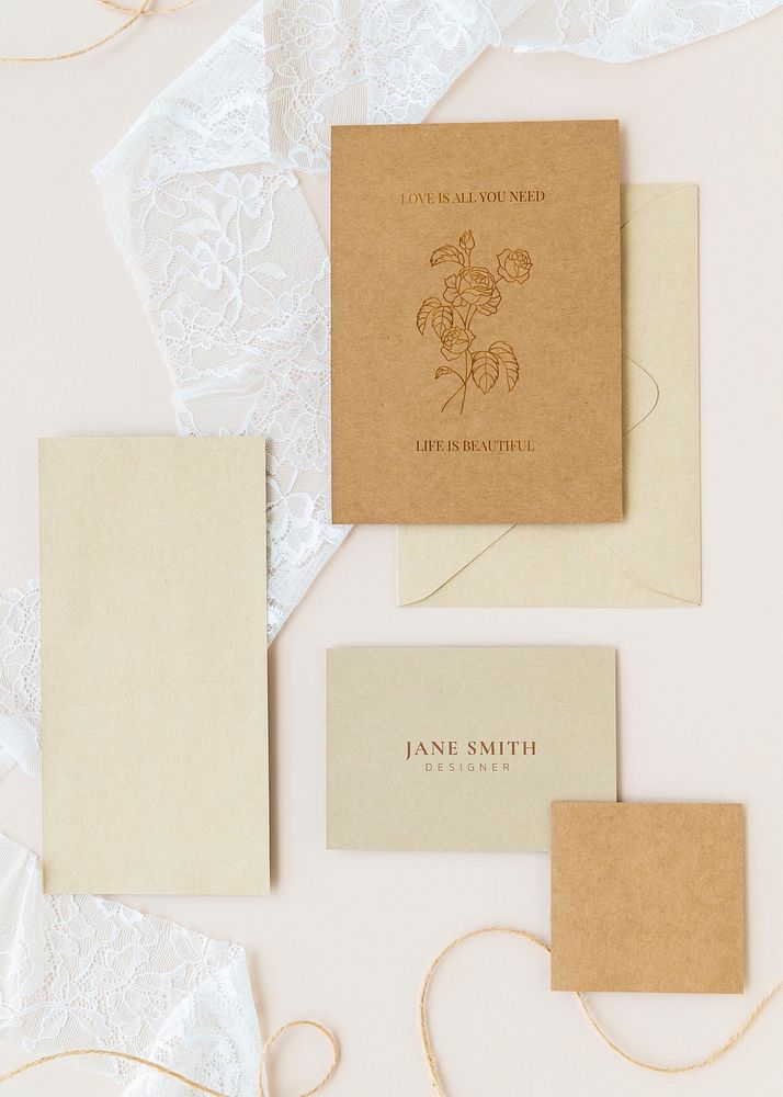 Brawn card template mockup set on a white lace fabric