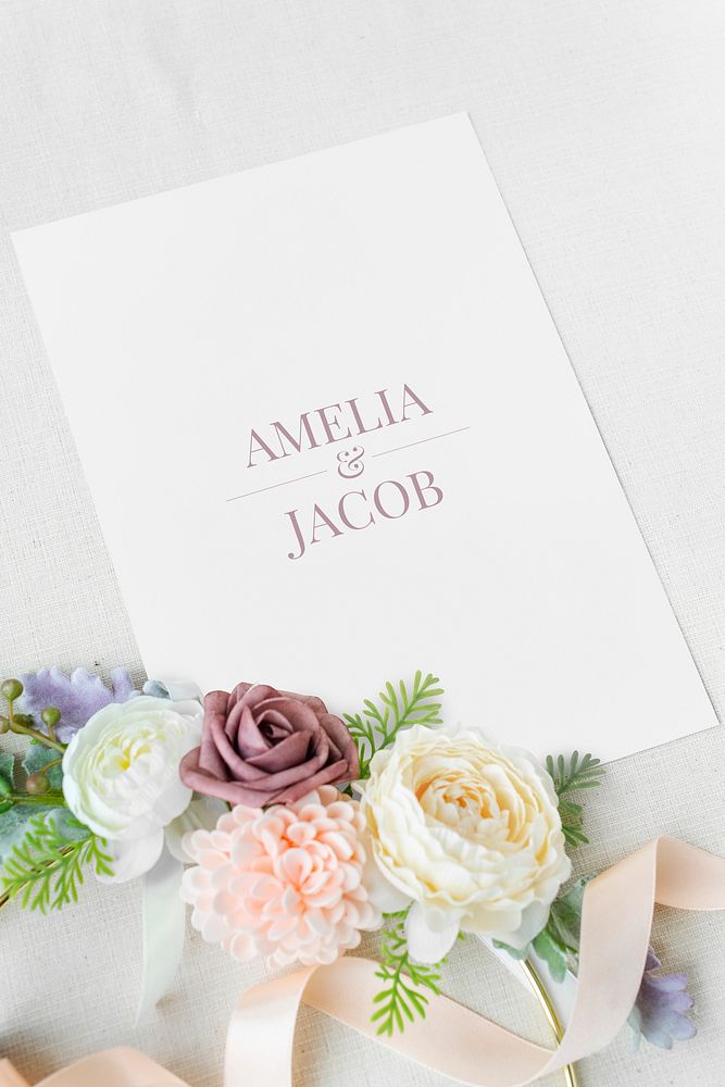White wedding card template mockup with flowers