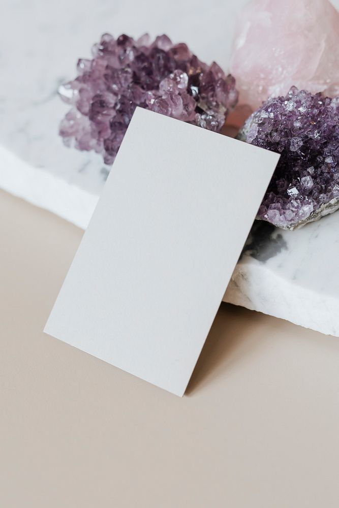 Amethyst healing crystal by a card mockup 